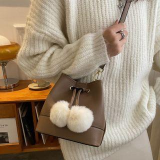 Pom Pom Faux Leather Bucket Crossbody Bag