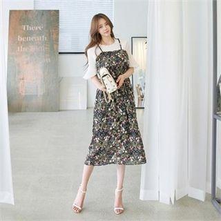 Set: Spaghetti-strap Floral Long Dress + T-shirt
