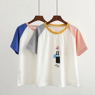 Short-sleeve Colored Panel Print T-shirt