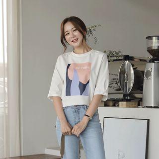 Pintuck-sleeve Graphic-printed T-shirt