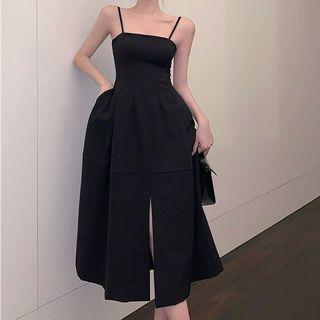 Spaghetti Strap Plain Silt-front A-line Dress