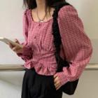 Long-sleeve Plaid Buttoned Peplum Top Rose Pink - One Size