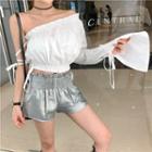 Off-shoulder Long-sleeve Cropped Top / Glittered Shorts