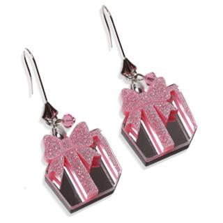 Glitter Pink Present Dangle Silver Earrings