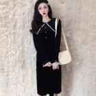 Long-sleeve Faux Pearl-trim Midi Collared Dress Black - One Size