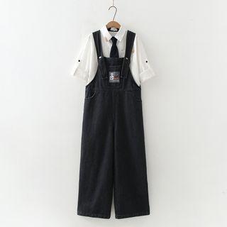 Embroidered Denim Jumper Pants Pants - Black - One Size