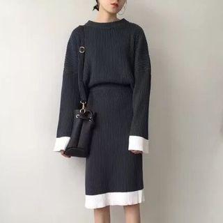 Set: Color Panel Sweater + Midi Knit Skirt
