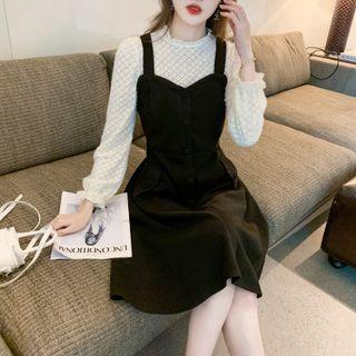 Puff-sleeve Lace Top / Velvet Overall Dress