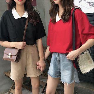 Short-sleeve Polo Neck Color Block T-shirt