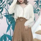Lace Trim Long-sleeve Blouse / Midi A-line Skirt / Set