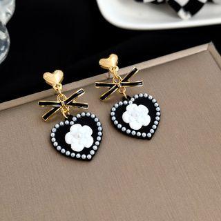 Faux Pearl Heart Drop Earring 1 Pair - Black & Gold - One Size