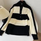 Color Block Stripe Polo Neck Sweater Stripe - Black & White - One Size
