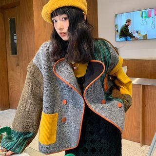 Color Block Double Breasted Woolen Jacket