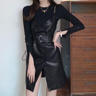 Set: Long-sleeve Lace-up T-shirt + Faux Leather Mini Overall Dress