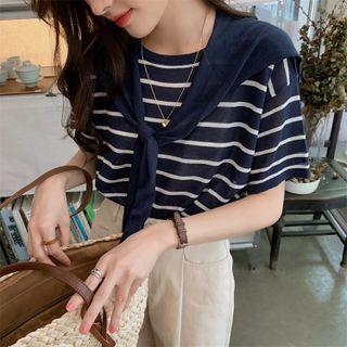 Round-neck Striped Knit Top + Shawl