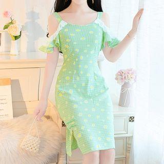 Cold-shoulder Plaid Floral Print A-line Dress