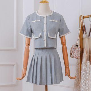 Set: Contrast Trim Short-sleeve Blouse + Mini A-line Pleated Skirt