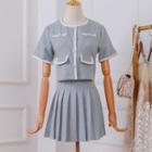 Set: Contrast Trim Short-sleeve Blouse + Mini A-line Pleated Skirt