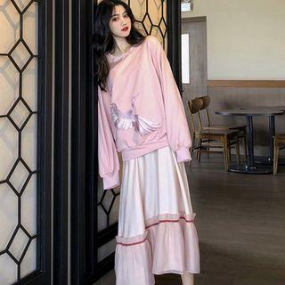 Crane Print Sweatshirt / Spaghetti-strap Midi Dress