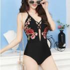 Flower Embroidered Plunge Swimsuit