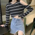 Asymmetrical Cold-shoulder Striped T-shirt Stripe - Black & Gray - One Size