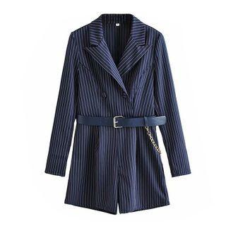 Set: Striped Double-breasted Blazer + Chain Belt