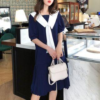 Collared Short-sleeve Accordion Pleat Shift Dress