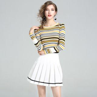 Set : Stripe Long-sleeve Top + Pleated Mini Skirt