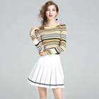 Set : Stripe Long-sleeve Top + Pleated Mini Skirt