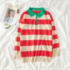 Long-sleeve Striped Collared Knit Top As Shown In Figure - One Size