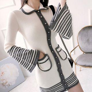 Stripe Panel Collared Knit Dress White & Gray - One Size
