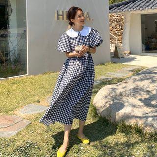 Short-sleeve Plaid A-line Dress Gingham - Black & White - One Size