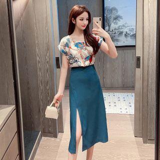 Cap-sleeve Printed Top / Midi Skirt