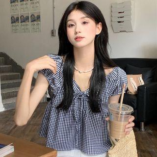 Puff-sleeve V-neck Plaid Flowy Blouse