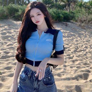 Zipper Slim-fit Light Knit Top Blue - One Size