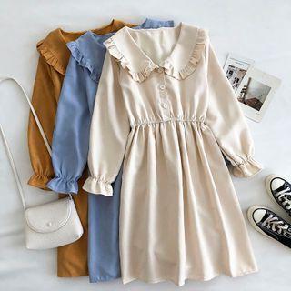 Plain Ruffled-trim Long-sleeve Corduroy Dress