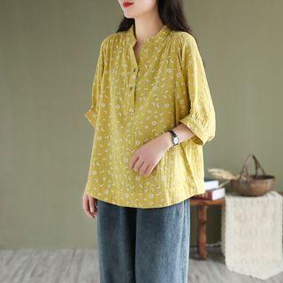 Elbow-sleeve Floral Print Henley Top