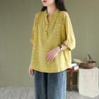 Elbow-sleeve Floral Print Henley Top