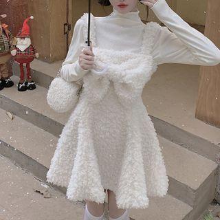 Mock-neck Long-sleeve T-shirt / Bow Fluffy Overall Dress