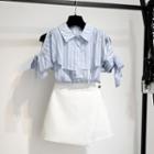 Set: Striped Cold-shoulder Shirt + Mini Skort
