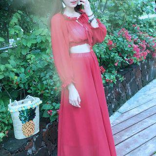Set: Off Shoulder Chiffon Top + Maxi Skirt