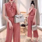 Set: Sleeveless Tie-neck Top + Wide Leg Pants