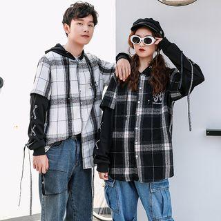 Couple Matching Mock Two-piece Plaid Buttoned Hooded Top