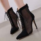 Pointed Lace Up Mesh Panel High Heel Short Boots