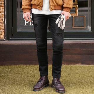 Distressed Brushed-fleece Lined Slim-fit Jeans