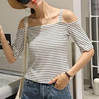 Striped Off Shoulder Elbow Sleeve Top