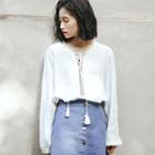Plain Loose-fit V-neck Long-sleeve Blouse