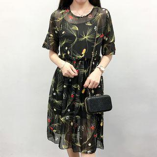 Elbow Sleeve Printed Chiffon Midi Dress