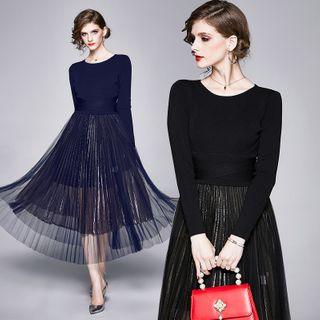 Set: Ribbed Knit Top + Midi A-line Mesh Skirt