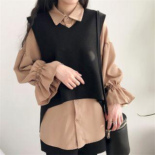Set: Balloon-sleeve Chiffon Blouse + Slit Back Vest